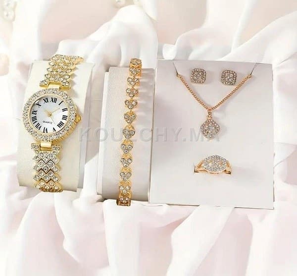 Horloge à quartz décorée de Strass de luxe et ensemble de 5 bijoux